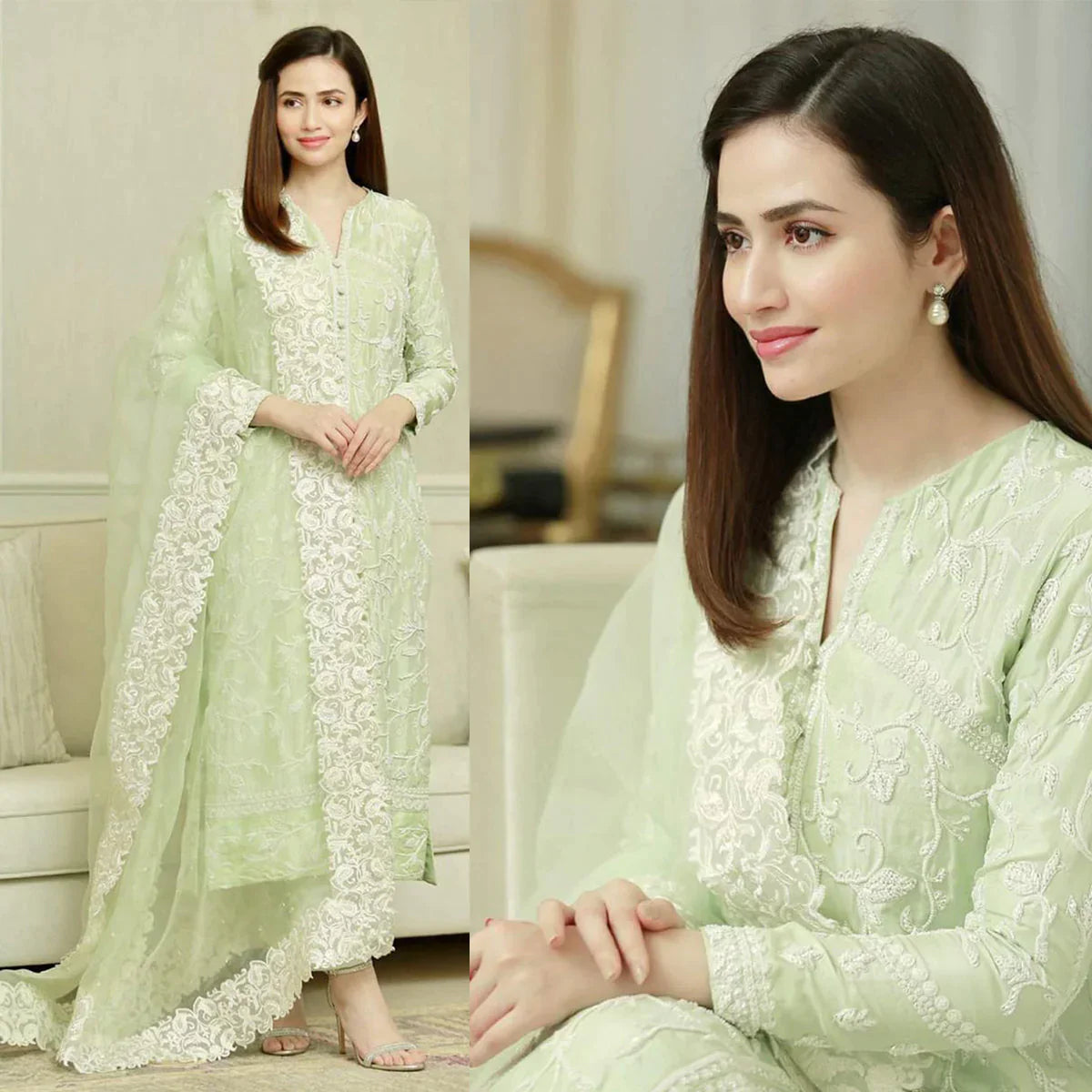 Swagiwear Bareeze - 3PC Lawn Heavy Embroidered Shirt With Organza Embroidered Dupatta.