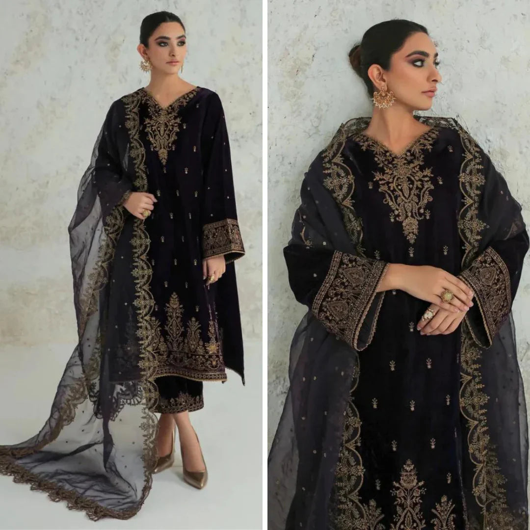 Swagiwear 3PCs Velvet Dress With Embroidered Organza Dupatta -