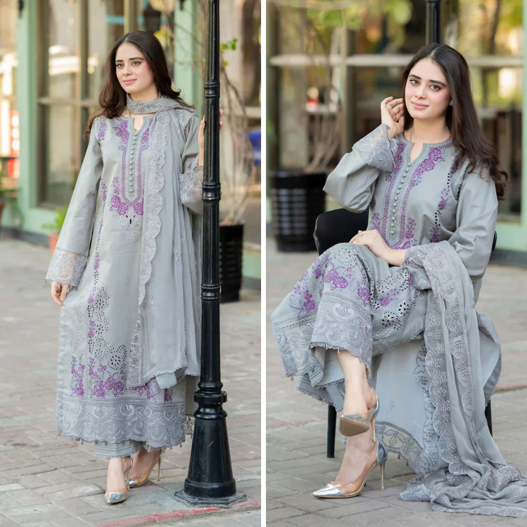Swagiwear Mushq - 3PC Dhanak ChickenKari Embroidered Suit -