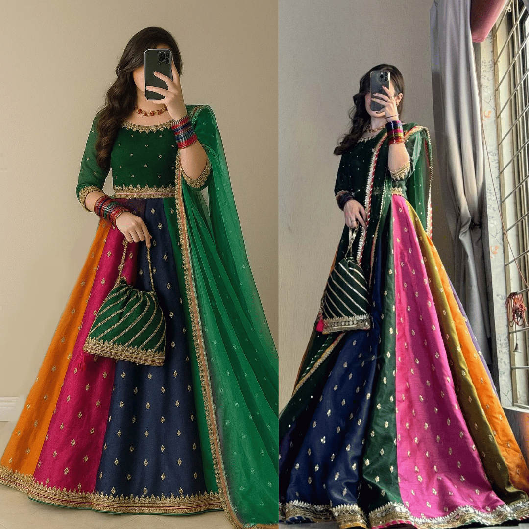 Swagiwear Kataan Silk 3 Piece Embroidered Lehenga -