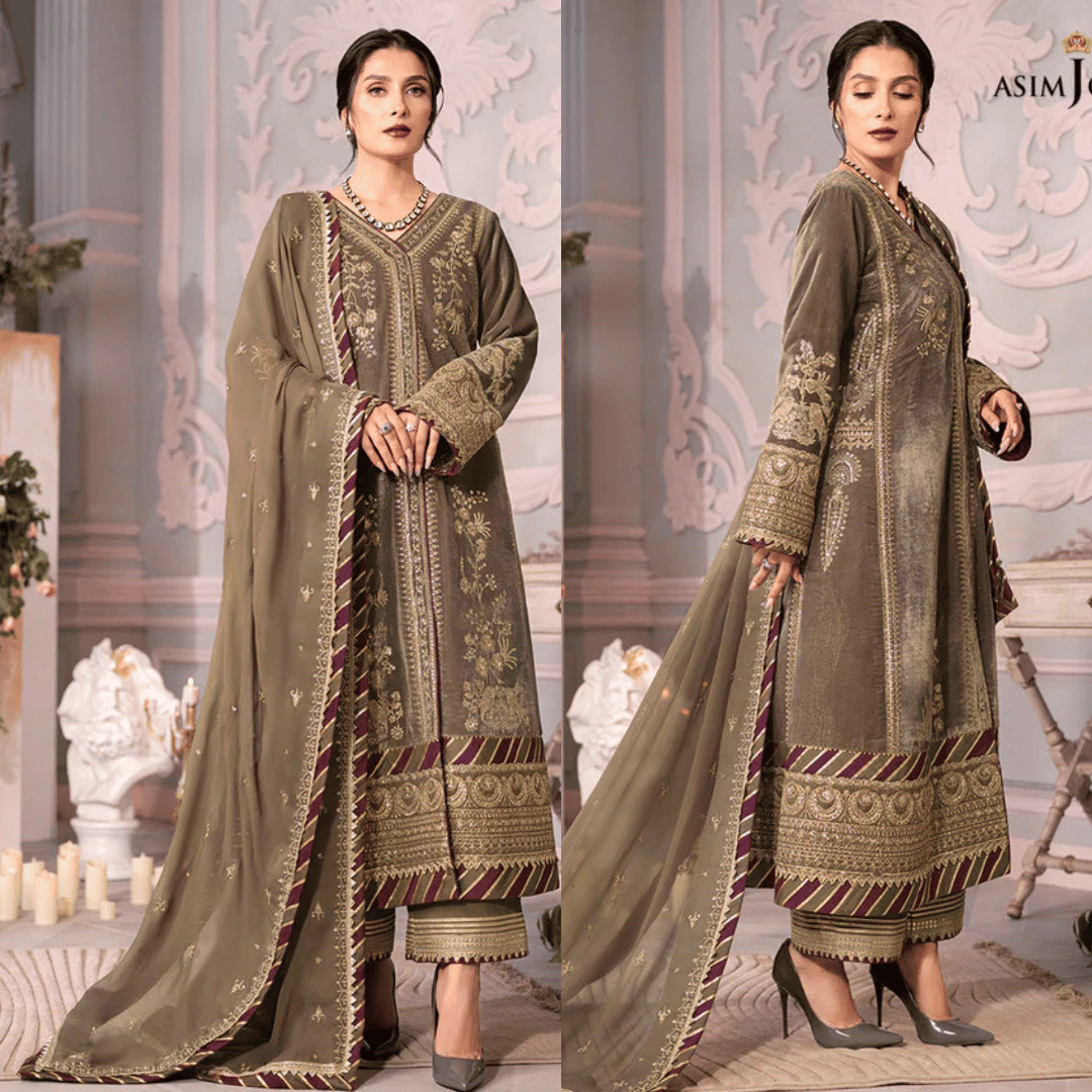 Swagiwear Asim Jofa - Velvet Dress with Pure Chiffon Embroidered Dupatta -