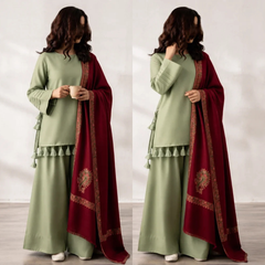 Elegant Sage Green 3-Piece Suit with Maroon Printed Shawl - Sw1517