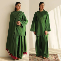 Premium Emerald Green 3-Piece Unstitched Suit with MaTching Shawl - Sw1518