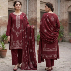 SwagiWear- Winter 3PC Slub Linen Embroidered Suit - Sw1553