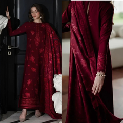 Zaib - 3PC Dhanak Embroidered Shirt With Wool Printed Dupatta and Trouser - Sw1554