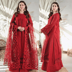 3 Piece Unstitched Heavy Embroidered Chickan Kari Lawn Suit ( Four Sided Embroidered Organza Dupatta ) Sw1001