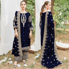 Swagiwear 3PCs Velvet Embroidered Dress With Velvet Embroidered Shawl -