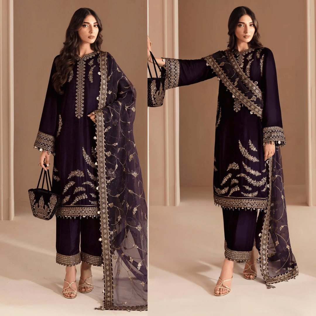 Swagiwear 3PCs Embroidered Velvet Dress With Shamooz Silk Trouser -
