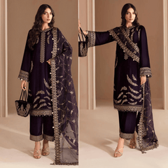 Swagiwear 3PCs Embroidered Velvet Dress With Shamooz Silk Trouser -