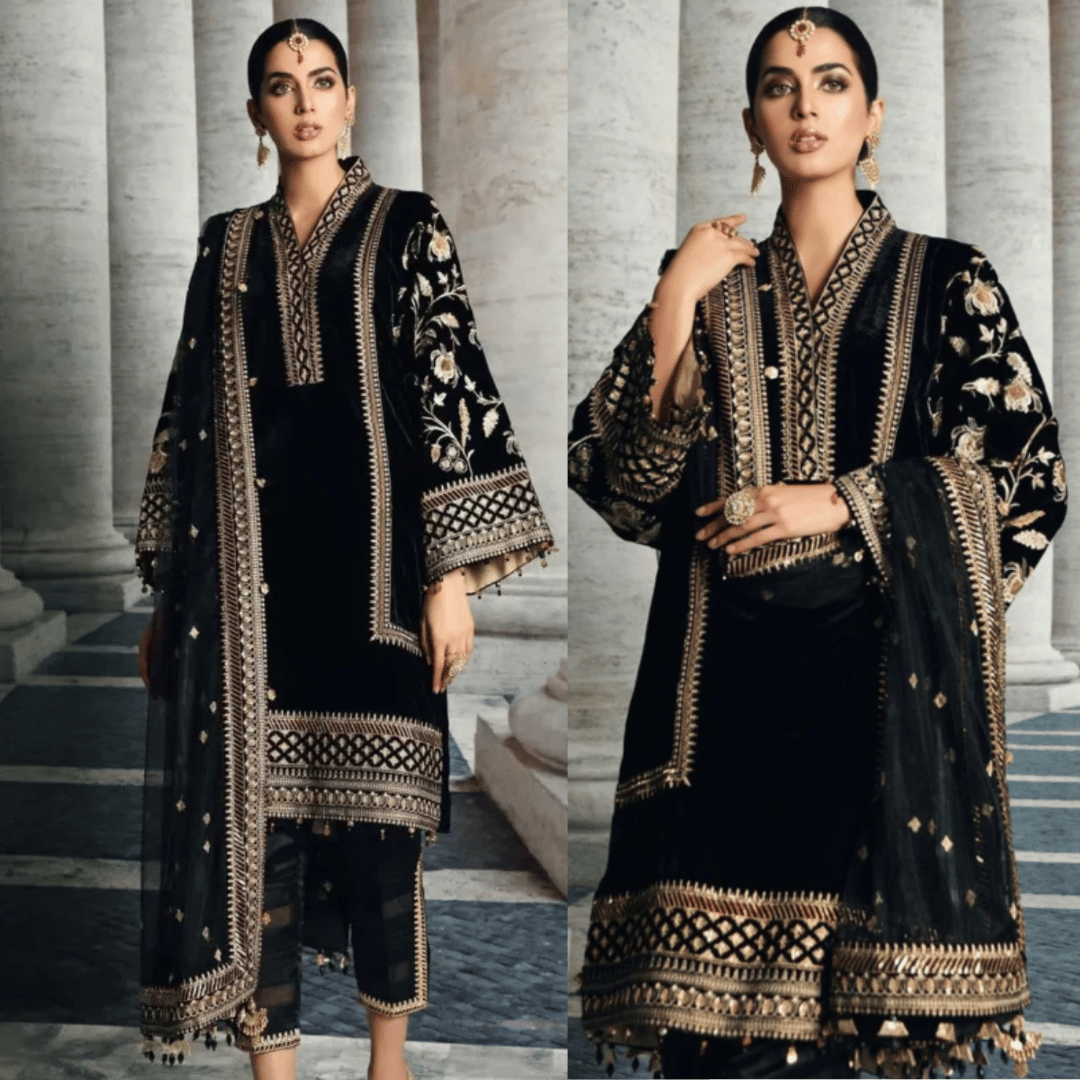 Swagiwear Anaya Velvet Embroidered Dress With Organza Embroidered Shawl -