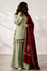 Elegant Sage Green 3-Piece Suit with Maroon Printed Shawl - Sw1517