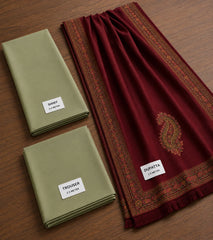 Elegant Sage Green 3-Piece Suit with Maroon Printed Shawl - Sw1517
