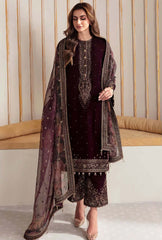 Swagiwear Winter Unstitched 3PCs Velvet Embroidered Dress With Embroidered Organza Dupatta