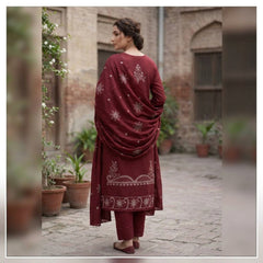 SwagiWear- Winter 3PC Slub Linen Embroidered Suit - Sw1553