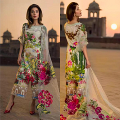 Swagiwear Lawn 3-Pcs Printed Plus Heavy Embroidered With Organza Dupatta.