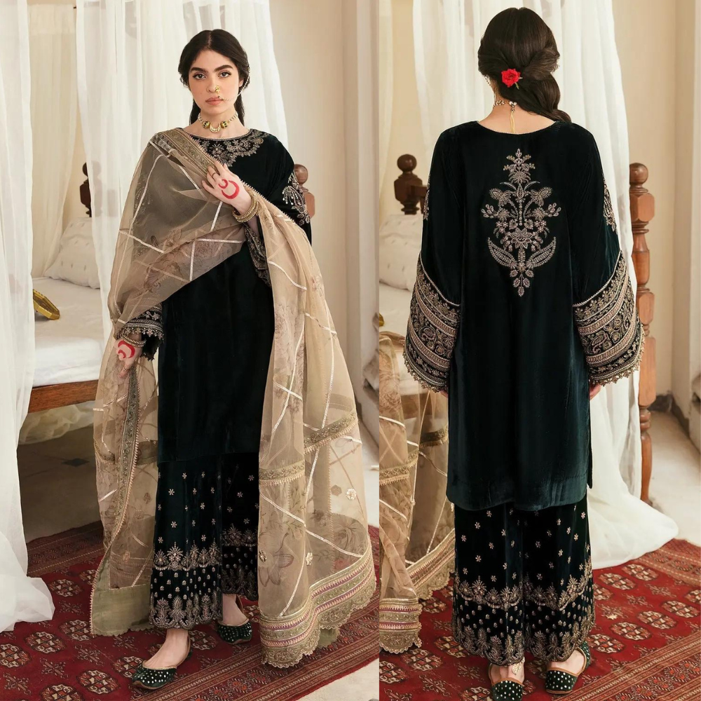 Swagiwear Unstitched 3PCs Embroidered Velvet Dress With Embroidered Organza Dupatta