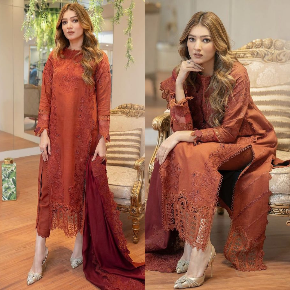 Swagiwear Maria .B 3PC Lawn full embroidered front piece for shirt sleeves embroidered With Bamber chiffon embroidered dupatta