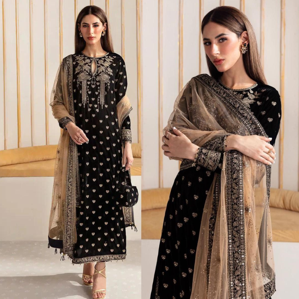 Swagiwear Winter Unstitched 3PCs Embroidered Velvet Dress With Embroidered Organza Dupatta