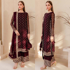 Swagiwear Winter Unstitched 3PCs Embroidered Velvet Dress With Embroidered Organza Dupatta