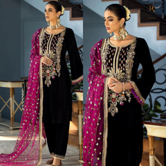 Swagiwear Winter Unstitched 3PCs Velvet Dress With Embroidered Organza Dupatta