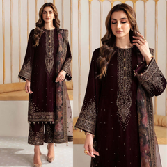Swagiwear Winter Unstitched 3PCs Velvet Embroidered Dress With Embroidered Organza Dupatta