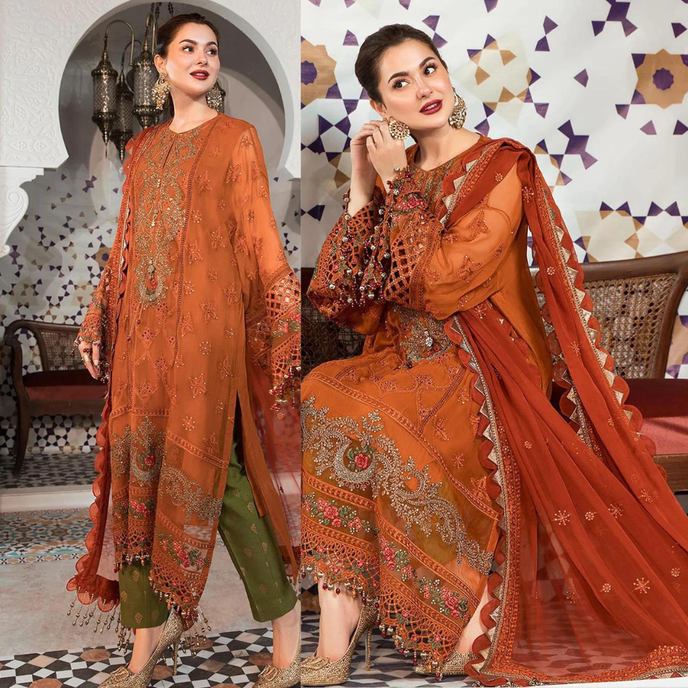 Swagiwear Maria .B 3PC Lawn full embroidered front piece for shirt sleeves embroidered With Bamber chiffon embroidered dupatta.