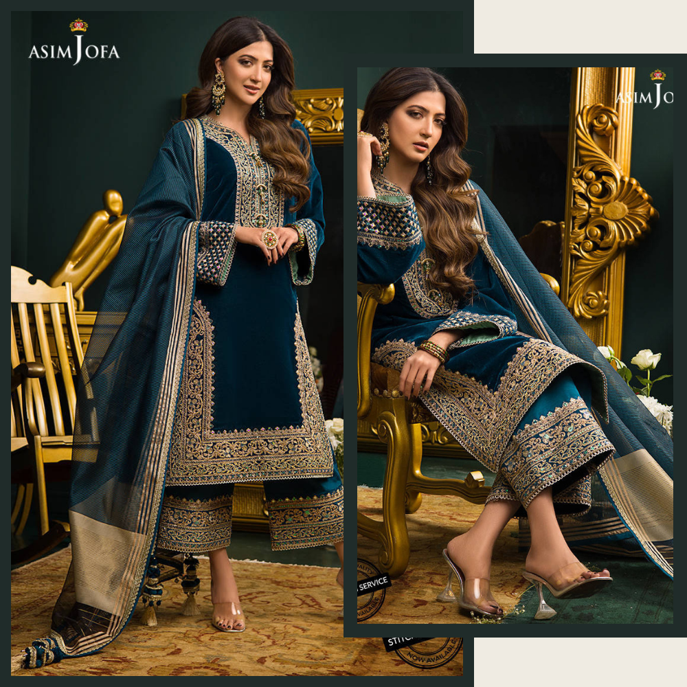 Swagiwear 3PC Velvet Heavy Embroidered Shirt With Organza Dupatta