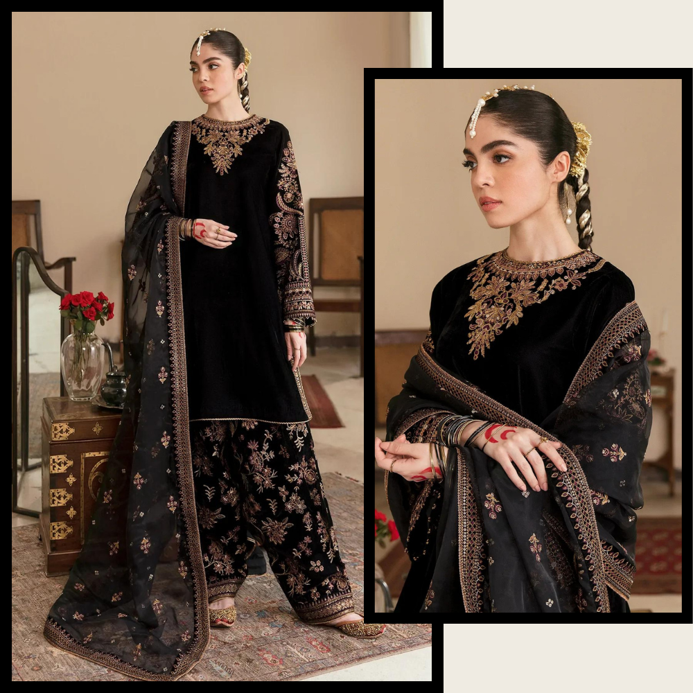 Swagiwear Embroidered sequence Velvet Dress With Organza sequence embroidered Dupatta