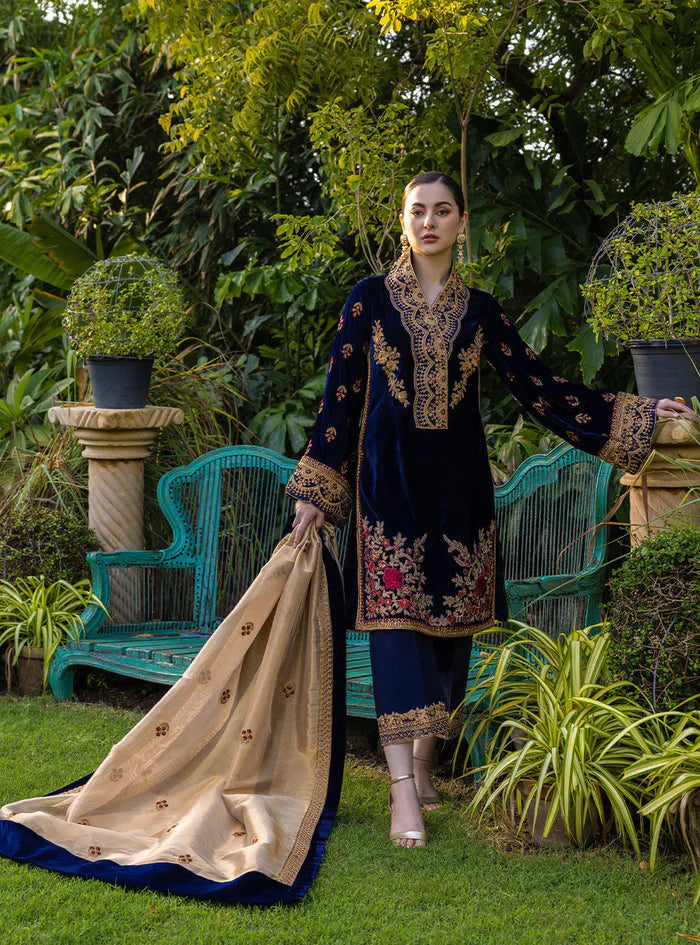 Swagiwear 3-Piece Unstitched Heavy Embroidered Velvet Suit - 