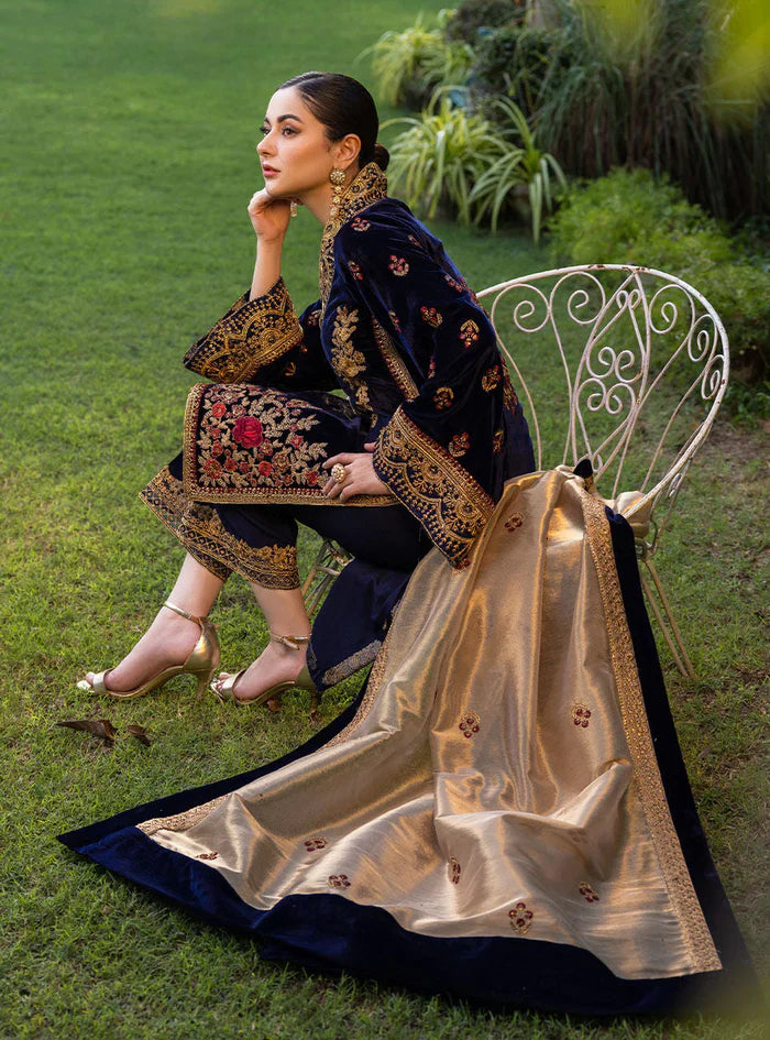 Swagiwear 3-Piece Unstitched Heavy Embroidered Velvet Suit - 