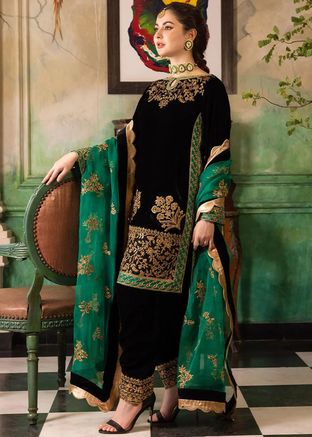 Swagiwear  3-Piece Unstitched Heavy Embroidered Velvet Suit ( Four Sided Embroidered Organza Dupatta