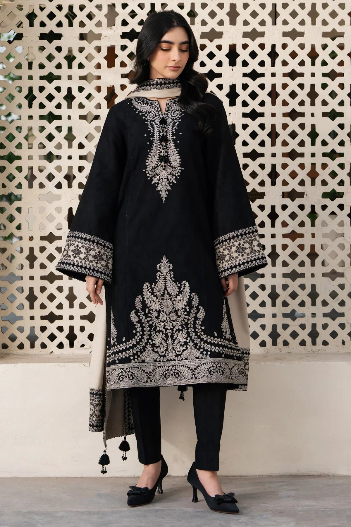 Swagiwear JAZMIN - 3PC DHANAK EMBROIDERED SHIRT WITH DHANAK EMBROIDERED SHAWL AND TROUSER - 