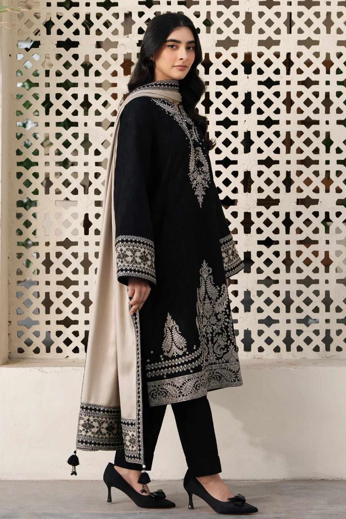 Swagiwear JAZMIN - 3PC DHANAK EMBROIDERED SHIRT WITH DHANAK EMBROIDERED SHAWL AND TROUSER - 