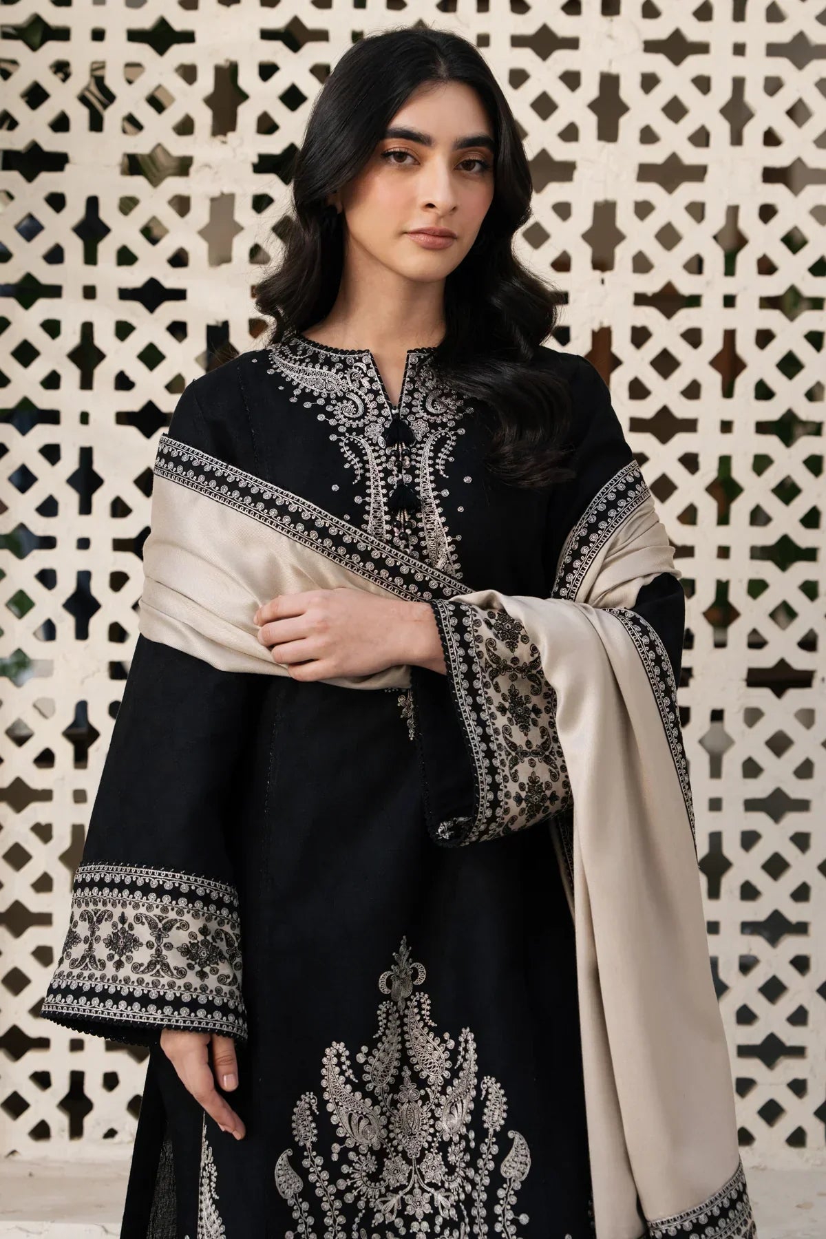 Swagiwear JAZMIN - 3PC DHANAK EMBROIDERED SHIRT WITH DHANAK EMBROIDERED SHAWL AND TROUSER - 