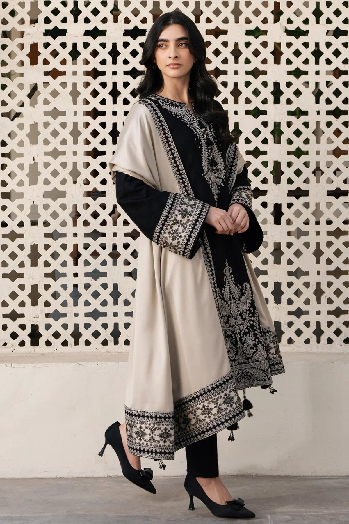 Swagiwear JAZMIN - 3PC DHANAK EMBROIDERED SHIRT WITH DHANAK EMBROIDERED SHAWL AND TROUSER - 