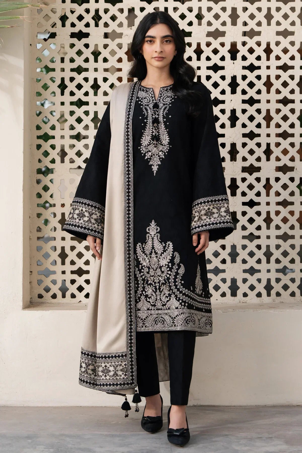 Swagiwear JAZMIN - 3PC DHANAK EMBROIDERED SHIRT WITH DHANAK EMBROIDERED SHAWL AND TROUSER - 