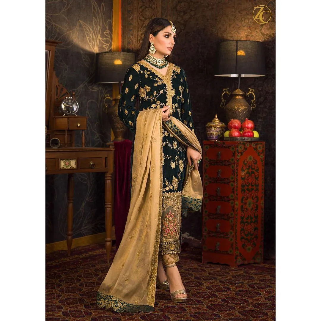 Swagiwear Velvet Heavy Embroidered Shirt With Organza Heavy Embroidered Dupatta - 