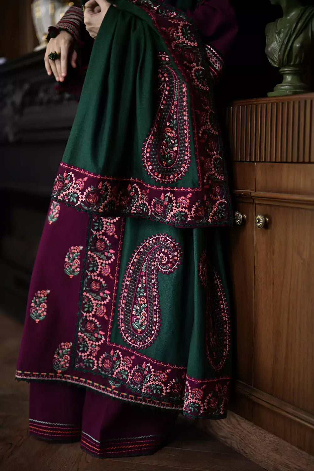 Swagiwear JAZMIN - 3PC DHANAK EMBROIDERED SHIRT WITH DHANAK EMBROIDERED SHAWL AND TROUSER - 