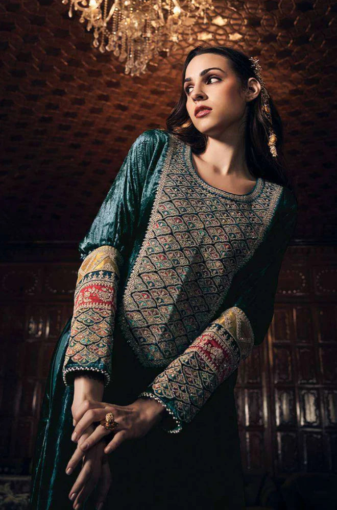 Swagiwear Aiqa Frock style - Winter 3PC Velvet Embroidered Suit - 