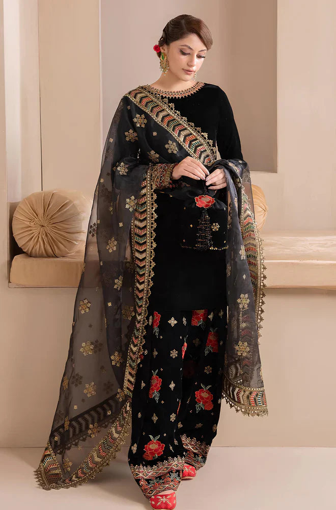 Swagiwear Embroidered Velvet Dress With Organza embroidered Dopata - 