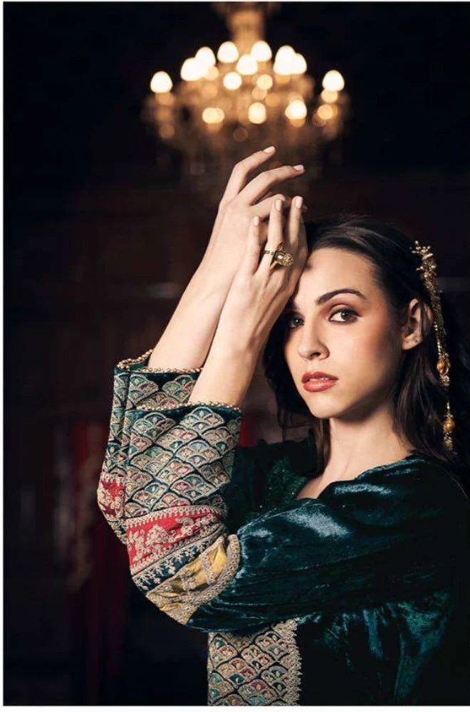 Swagiwear Aiqa Frock style - Winter 3PC Velvet Embroidered Suit - 
