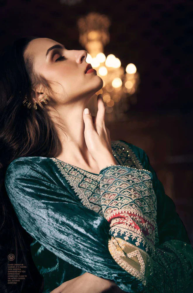 Swagiwear Aiqa Frock style - Winter 3PC Velvet Embroidered Suit - 