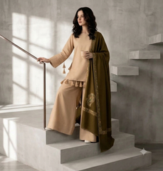 Premium Beige & Olive Green 3-Piece Unstitched Suit with Printed Shawl - Sw1516