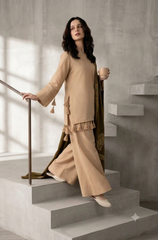 Premium Beige & Olive Green 3-Piece Unstitched Suit with Printed Shawl - Sw1516