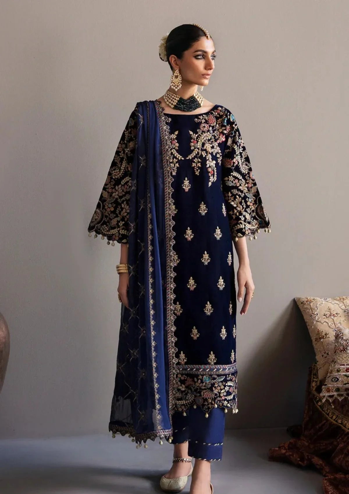 Swagiwear 3-Piece Unstitched Heavy Embroidered Velvet Suit - 