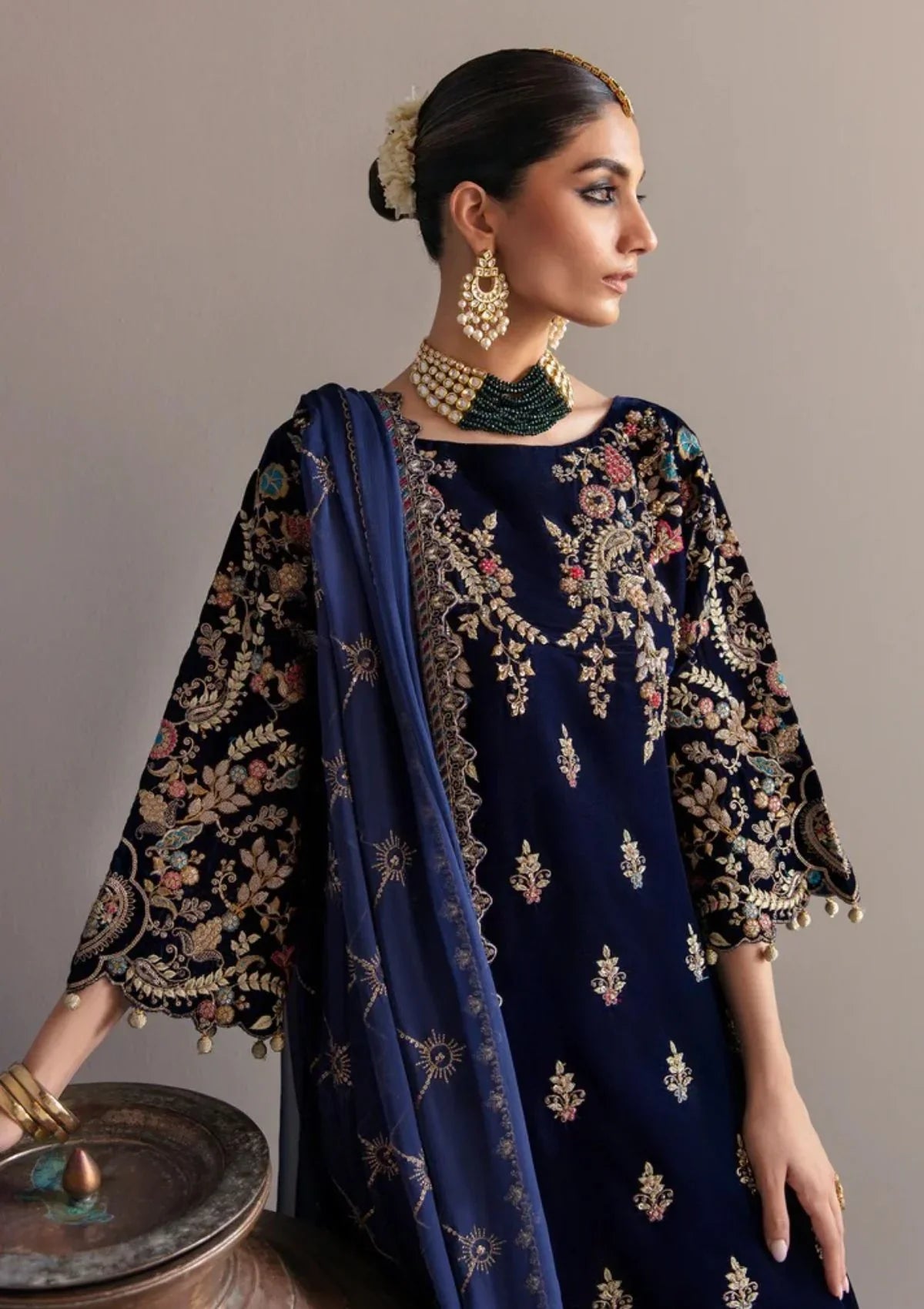Swagiwear 3-Piece Unstitched Heavy Embroidered Velvet Suit - 