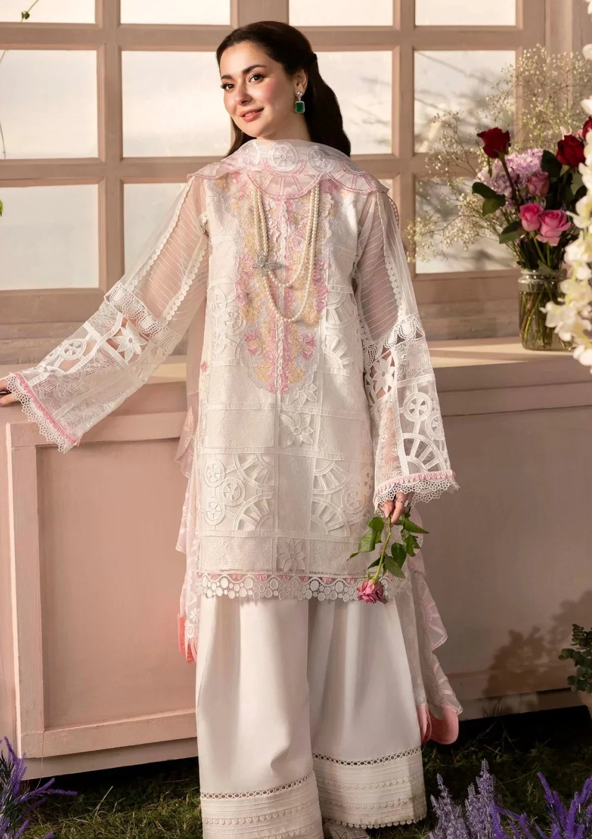 Swagiwear Crimson - 3PC ORGANZA HEAVY CHIKENKARI EMBROIDERED SUIT - 