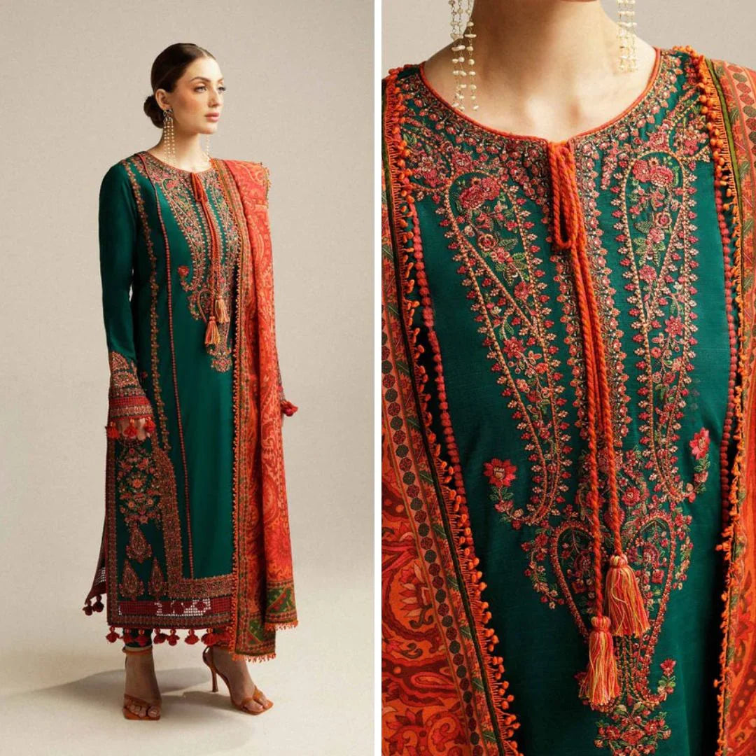 Swagiwear Rehan Rehar 3 Piece Embroidered Dhanak Suit - 