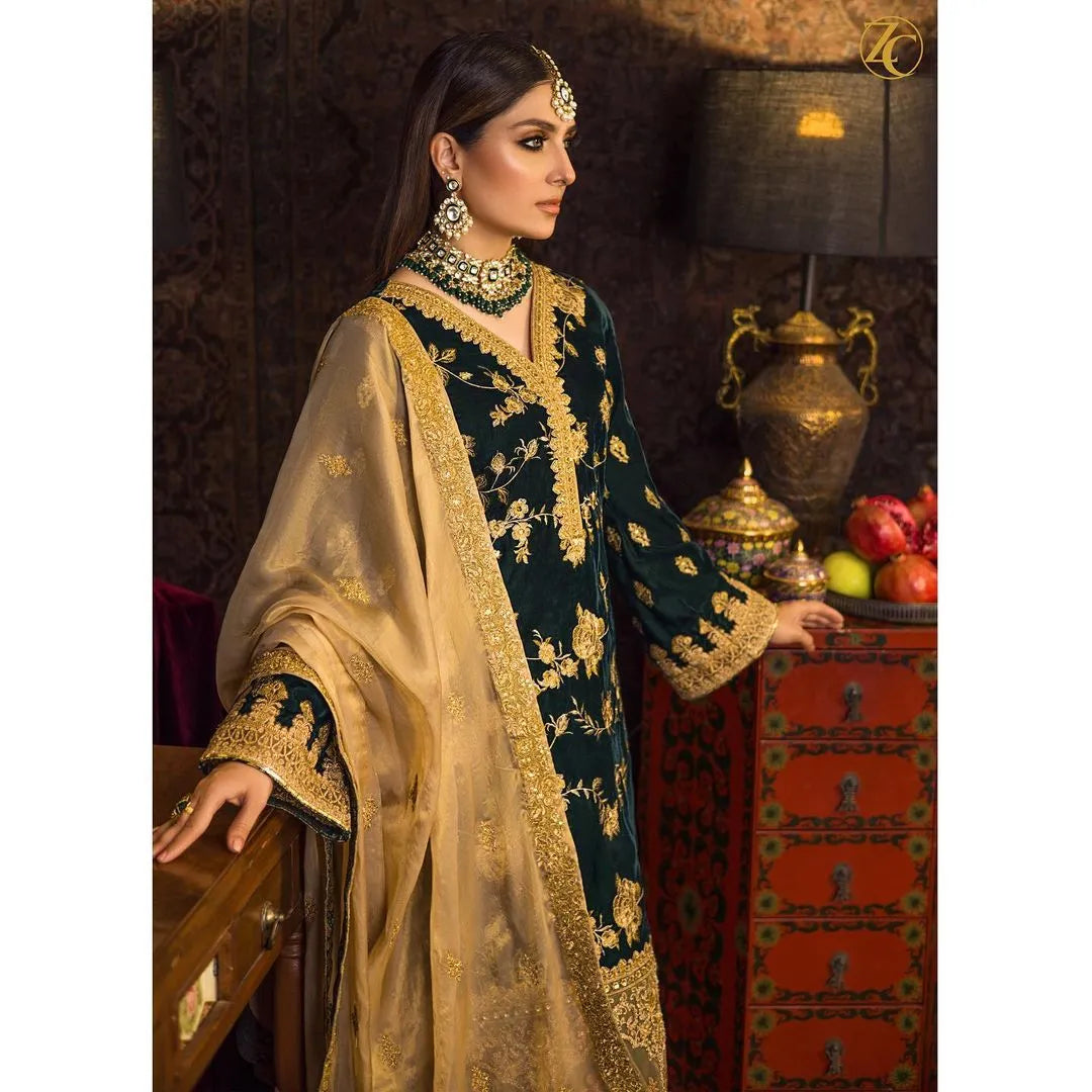 Swagiwear Velvet Heavy Embroidered Shirt With Organza Heavy Embroidered Dupatta - 