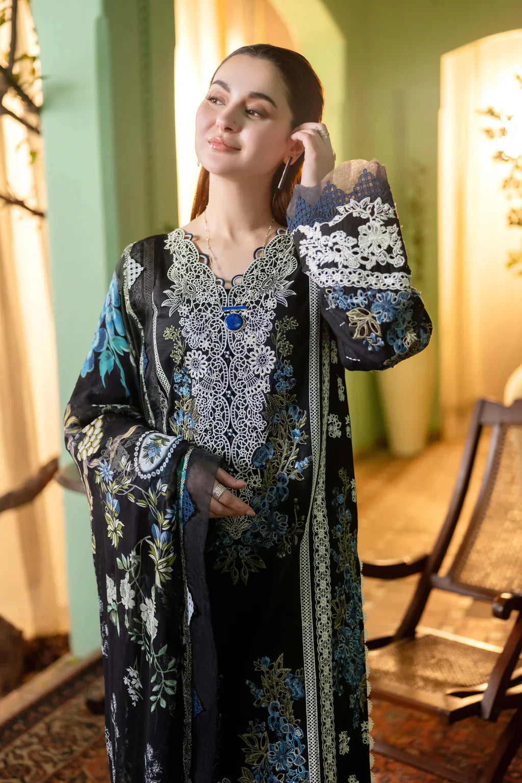 Swagiwear JADE-3PC DHANAK EMBROIDERED SHIRT WITH COUTRAI PRINTED SHAWL - 